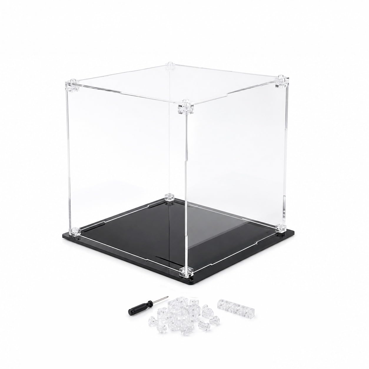 Caja de Metacrilato Transparente con Tapa Negra 30x30x30 cm – Contenedor Acrílico Multiusos para Exposición, Almacenaje, Tiendas y Decoración - Montaje Sencillo, Incluye Material de Montaje