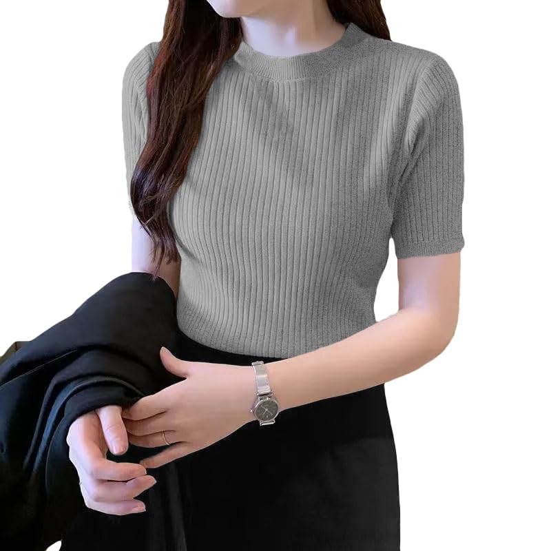 Image of THE BLAZZE 5067 Women's Basic Solid High Neck 3 /4 Sleeves Stretchable Ribbed Blouse for Women Stylish Western L860