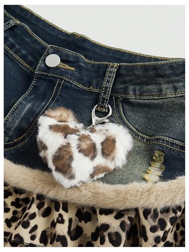 WDIRARA Women's Y2k Leopard Print Denim Mini Skirt Fuzzy Layered Ruffle A Line Skirts3