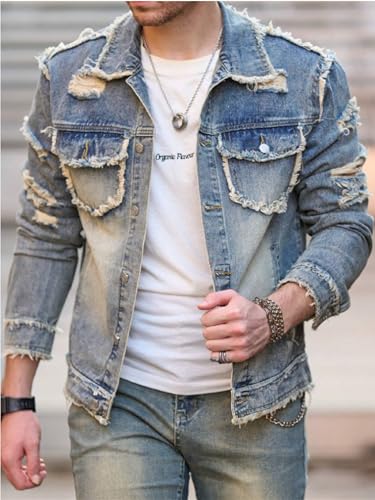 Huang's Men's Denim Jacket with Distressed Ripped Details Classic Fit Non - Stretch Fabric Cool Stylish Caual Coat4