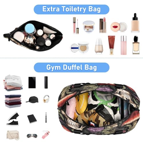 Skull and Mushrooms Duffel Bag Lightweight Carry On Gym Bags for Travel and Weekends, Versatile Overnight Bag with Shoe Compartment4