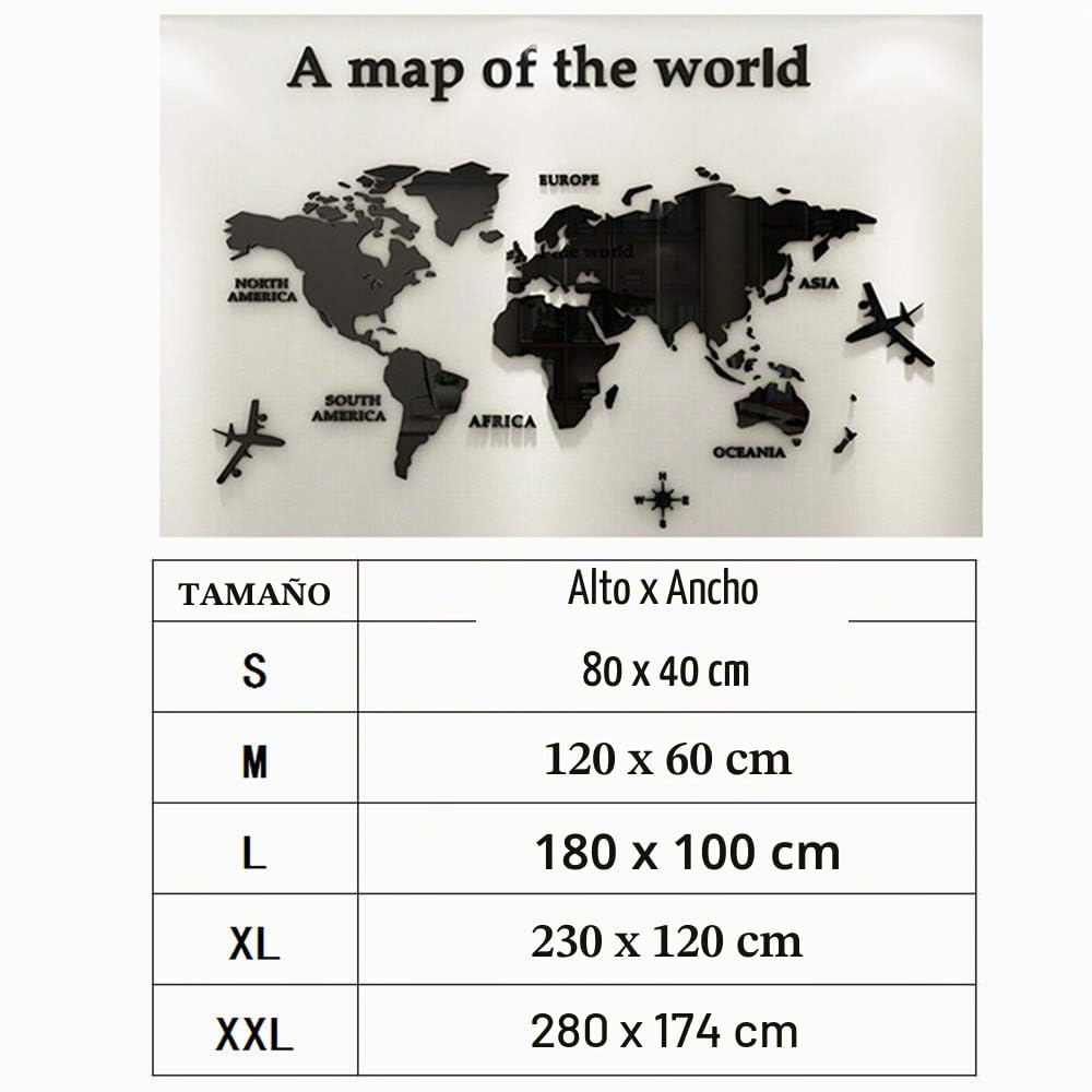 Pegatinas de Pared 3D DIY Mapa del Mundo Pegatina Pared Murales Stickers Mapa Adhesivo Decorativo de Pared para Salón, Dormitorio, Habitación （A Negro - XL:230x120cm）