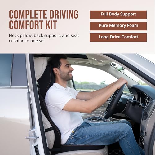 Image of Memory Foam Car Comfort Combo | 3 Piece Cushions Set (Backrest, Seat Cushion, Headrest) | Complete Orthopedic Travel Kit for Road Trips & Daily Commute (Black)