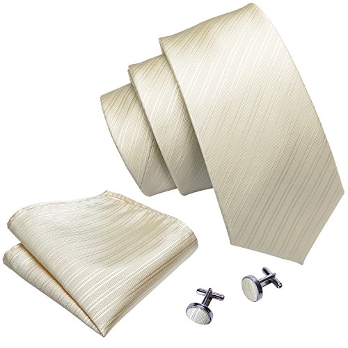 Image of Barry.Wang Tie Sets for Men Silk Stripe Necktie Woven Checkered Handkerchief Cufflinks Formal Business Wedding