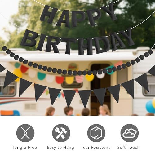 Image of CANREVEL Pre-Strung 3D Rainbow Happy Birthday Banner, 3 PCS Happy Birthday Felt Sign, Pom Pom Garland, Triangle Fabric Bunting, Colorful Reusable Birthday Decorations for Women Men Girls Boys, Black