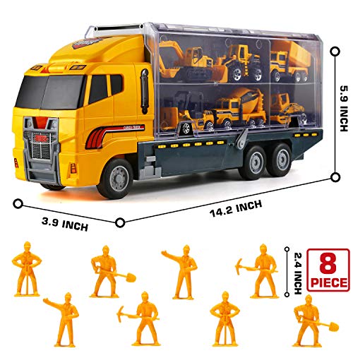 19 In 1 Construction Truck With Engineering Worker Toy Set, Mini Die-Cast Engine Car In Carrier Truck, Double Side Transport Vehicle Play For Child Kid Boy Girl Birthday Christmas Party Favors #TOP1