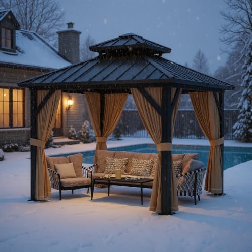 10x10ft Double Roof Hardtop Gazebo, Heavy Duty Galvanised Steel Hardtop Pavilion with Nettings and Curtains, Metal Roof Gazebo for Patio, Terrace, Lawn and Deck, Brown