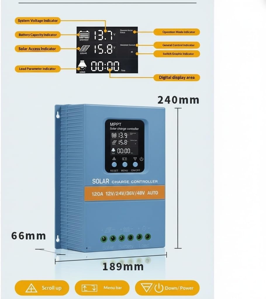 Solar Charge Controller 120A 12V 24V 36V 48V Intelligent Recognition LCD Display Battery Intelligent Regulator Maximum 100V Input Dual USB for Lead Acid/Lithium Battery (SA120A)