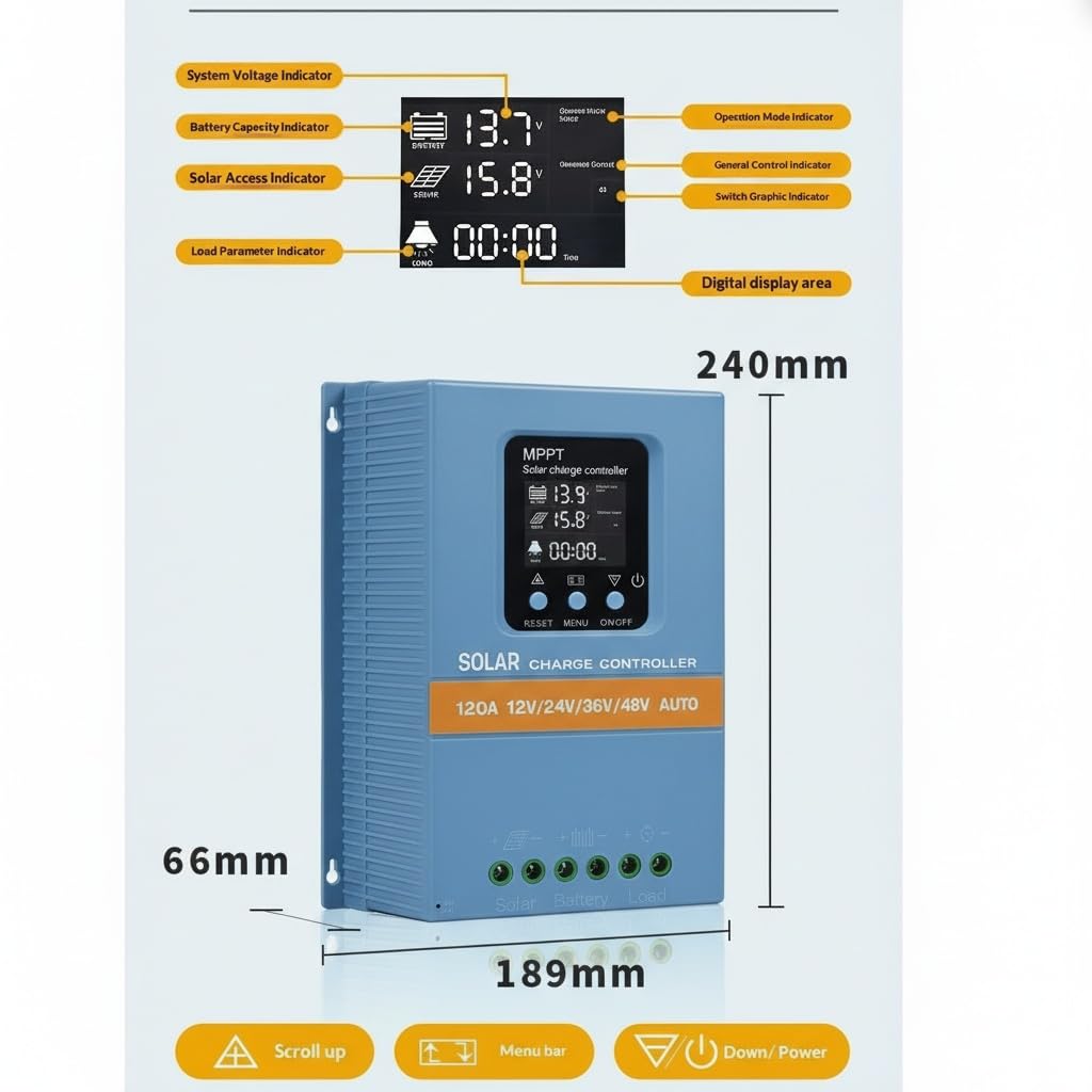 Profesjonalny kontroler ładowania solarnego MPPT 120 A, 12 V/24 V/36 V/48 V, wyświetlacz LCD, podwójny USB, wejście 100 V, do domu, kampera, łodzi