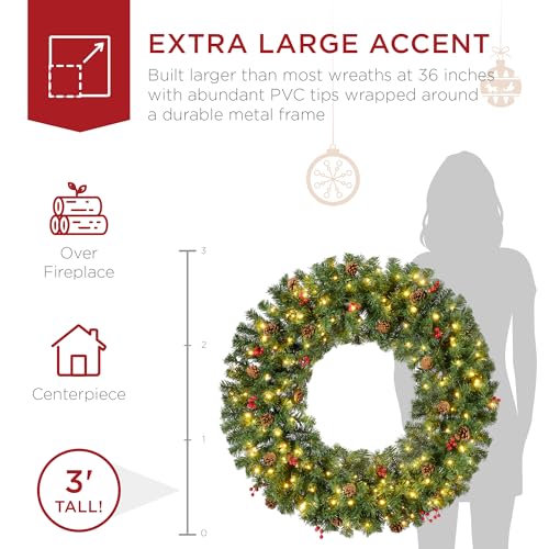 Image of Best Choice Products 36in Pre-Lit Christmas Wreath w /Berries & Pinecones, Large Artificial Indoor /Outdoor Decor for Door, Mantel, Plug-in