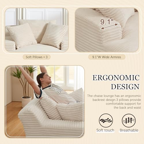 Image of 80 Inch Chaise Lounge Chair Indoor, Oversized Corduroy Upholstered Boneless Sofa Bed, Deep Seat Sleeper Couch Reading Chairs, Cloud Sofas Couches for Living Room, No Assembly Required (Beige)