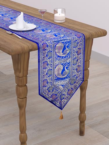 Image of Banarasi Brocade Zari Silk Table Runner Dinning & Centre Table Runner 177 By 30 CM (Blue, Peacock)