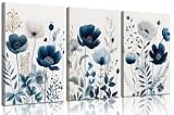 3Pcs Flower Canvas Wall Art Navy Blue Wildflower Wall Decor Pictures Modern Watercolor Boho Botanical Floral Posters Prints for Bedroom Living Room Home Decoration 12x16in