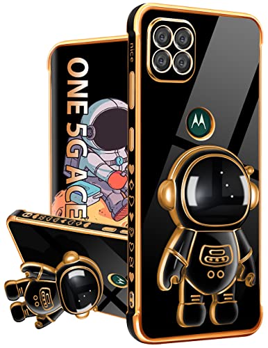 Lotadilo For Motorola One 5G Ace Phone Case, Moto One 5G Ace Cases With Astronaut Stand For Women Girls, Girly Cute Spaceman Love Heart Gold Plating 6D Cover For Moto One 5G Ace 6.7'' Black #TOP17