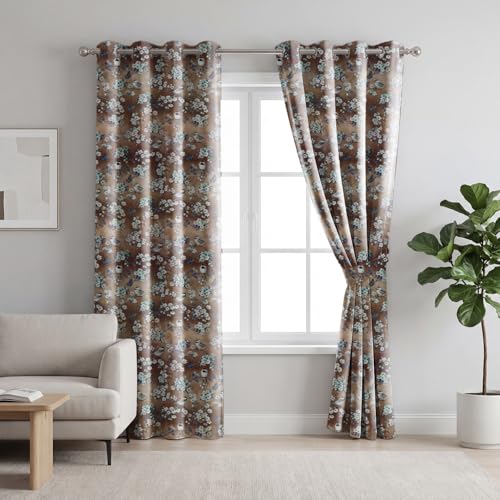 Image of LINENWALAS Printed Blackout Curtains for 5 Feet Window | Set of 2 | Charming Bird & Floral Drapes | Thermal Insulated, Room Darkening Panels with Grommet Hanging for Living Room (Brown Blossom)