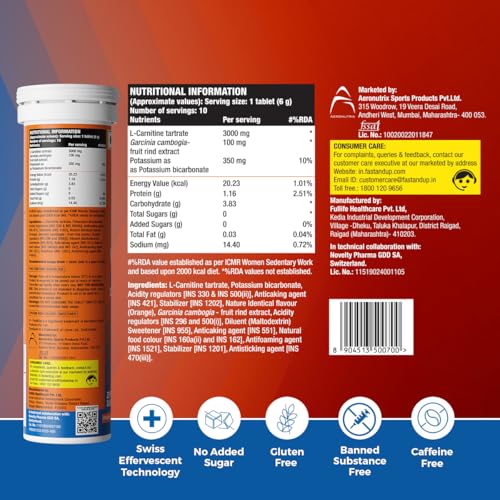 Image of FAST&UP L-CARNITINE 3000 MG - Helps convert fat into energy, ADVANCED TRIPLE ACTION FORMULA, Carnipure Carnitine with added Garcinia cambogia and Potassium, Orange Flavour, 10 Count (Pack of 3)