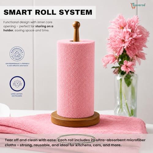 Image of Microfiber Cleaning Cloth Roll 20Pcs | Reusable Kitchen Cleaning Clothes 25x25cm | 4000 Times Washable | Ultra Absorbent Microfiber Cloth Roll for Kitchen, Car, Glass & Home Cleaning (Pink)