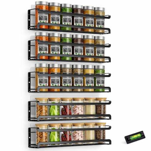 MARTIABRANDS GLOBAL 5 UNIDADES | Especiero de Pared sin Taladro – Especieros de Cocina – Estanterías Metálicas Negro Mate – Adhesivo 3M o Tornillos – Incluye Nivelador