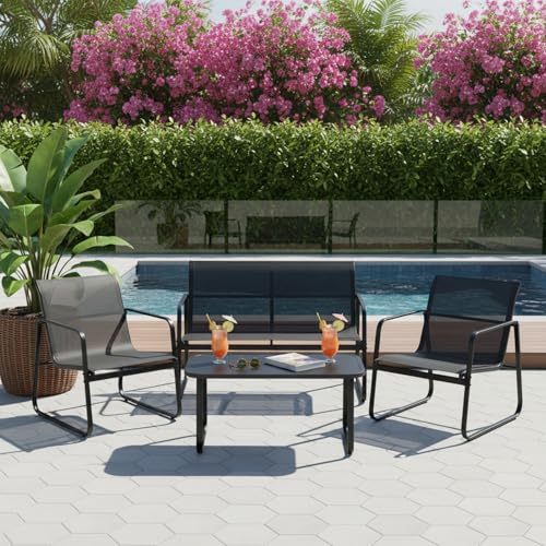 Conjunto de muebles de jardín para exteriores, mesa de jardín con sillas, capacidad de carga de 110 kg, para terraza, jardín y exteriores, color negro – 4 piezas, 1 mesa + 1 sofá + 2 sillones