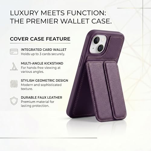 Image of amazon basics Luxury Vegan Leather Back Cover for iPhone 14 | Built-in Card Holder Slot | Integrated Mobile Stand | Slim Shockproof Protective Case with Stitched Finish - Purple