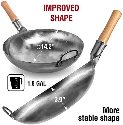 YOSUKATA Non-seasoned 14" Round-Bottom Carbon Steel Wok Pan with 17" Spatula and Ladle - Thumbnail 3