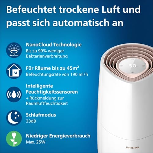PHILIPS ovlaživač zraka serije 3000, za 45 m², NanoCloud, 99,97% manje bakterija, 300 ml/h, 3 razine, način mirovanja, ultra tih (33 dB), senzor vlage, timer, spremnik 3L, bijeli (HU3916/10)