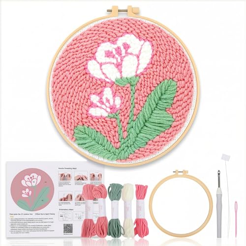 Image of PATPAT DIY Punch Needle Embroidery Kit, 8 Inch Floral Punch Needle Craft Set with Pre-Printed Fabric, Embroidery Hoop, Yarn & Punch Needle Tool, DIY Flower Tufting Starter Kit for Adults & Teens.