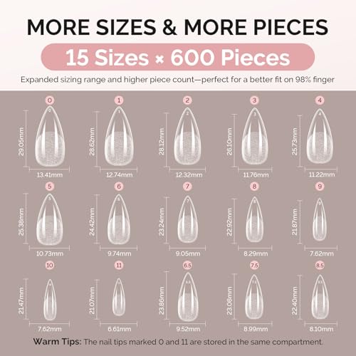 Image of MelodySusie Medium Almond Stiletto X Nail Tips - 600Pcs 15 Sizes Clear Acrylic, Half Matte Full Cover Press on Nails for DIY Extension & Salon Use, Pre-Shaped for Long-Lasting Manicure