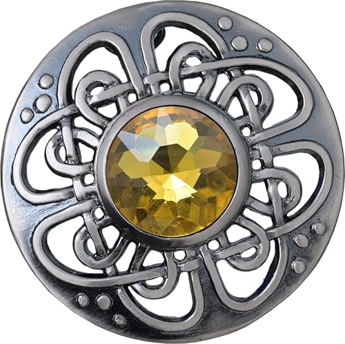 Image of Elegant Culloden Plaid Brooch - Scottish Kilt Fly Plaid Brooch Intricate Celtic Knot in Pewter with Gemstone 3-Inch Diameter - Ideal for Scottish Kilts & Formal Wear