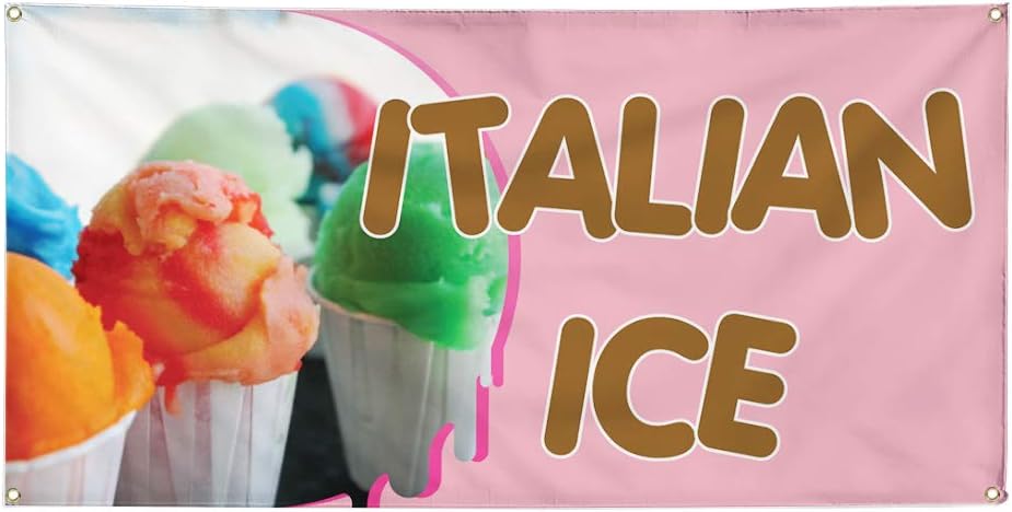 Vinyl Banner Multiple Sizes Italian Ice Outdoor Advertising Printing C Retail Outdoor Weatherproof Industrial Yard Signs Pink 4 Grommets 24x36Inches