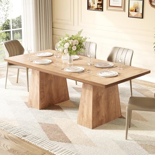 Image of LITTLE TREE Dining Table for 6 People, Wooden Table, Rectangle Furniture with Heavy Duty Legs, Modern Kitchen Table for Home, Dining Room, Oak