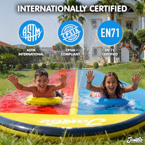 Image of JAMBO 22.5ft Double Lane Slip Splash and Slide with 2 Bodyboards with Built in Sprinkler for Backyard Outdoor Water Fun for Kids, Backyard Lawn Waterslide, Outdoor Water Toy, Splash Mat Splash Pad