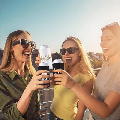 Image of PartyGifts&Beyond Bridesmaid Gifts Can Cooler 10Packs Bachelorette Party Decorations Slim Can Cooler Bride Squad Can Sleeves(Black)