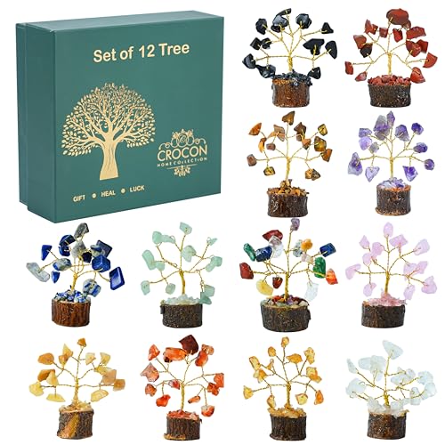 Image of Crocon Set of 12 Crystals Mini Stone Tree of Life Birthday Gifts for Women, Home & Office Decor, Money Tree Healing Crystals Gift Set Mom & Father Gift Ideas Housewarming Gifts New Home Sister & Dad