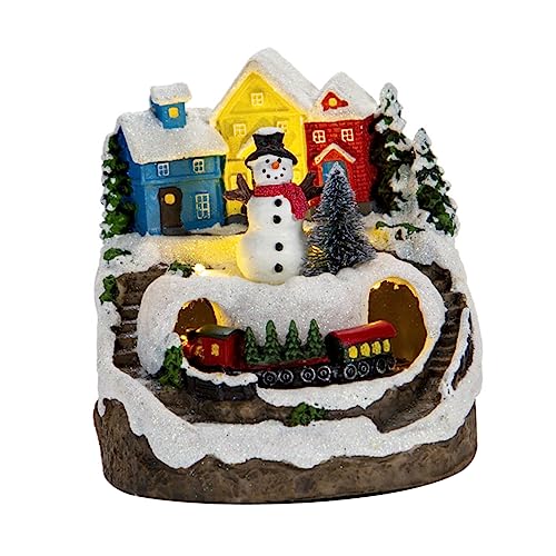 PRETYZOOM Musical Light Up Christmas House with Train and Snowman Holiday Village Decoration Christmas Decor for Home Festive Tabletop Display