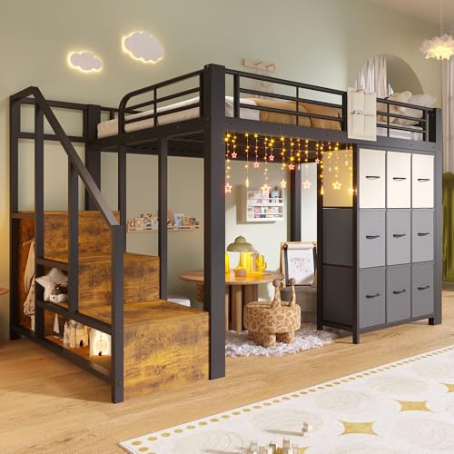 Yihomfy Lit Mezzanine Enfant 140x200, Cadre de Lit Enfant avec Commode, Garde-Corps, Échelle de Rangement, sans Matelas