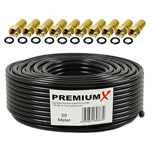 Premium X Profesional Set de Cables Coaxiales 50m – Cable Satelital Negro | Cobre Puro | Cable de Antena Blindado de 4 vías | Incluye 10 Conectores F-Admite 8K, 4K UHD y 3D para Sat, Cable, DVB-T