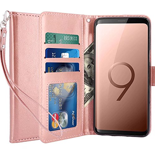 LK Galaxy S9 Plus Case, [Wrist Strap] Luxury PU Leather Wallet Flip Protective Case Cover with Card Slots and Stand for Samsung Galaxy S9 Plus (Rose Gold)