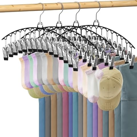 4 Pack Legging Organizer for Closet Hanging,Pants Hangers with 15 Clips Holds 60 Leggings,Shorts,Skirts,Jeans, Bra,Hats,Pants Hangers Space Saving Clothes Racks Closet Organizers and Storage Cover