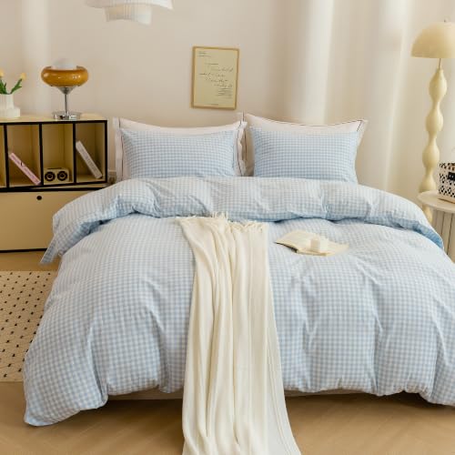 Image of ECOCOTT Gingham Duvet Cover Bedding Set 100% Washed Cotton Linen Like King