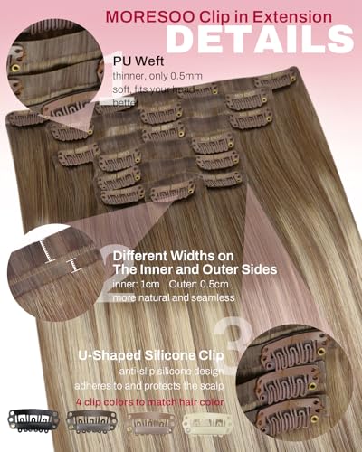 Image of Moresoo Seamless Clip in Human Hair Extensions Light Brown to Dirty Blonde Balayage Human Hair Clip in Extensions Remy Human Hair Straight Clip ins Extensions Invisible 120g /7pcs 20 inch