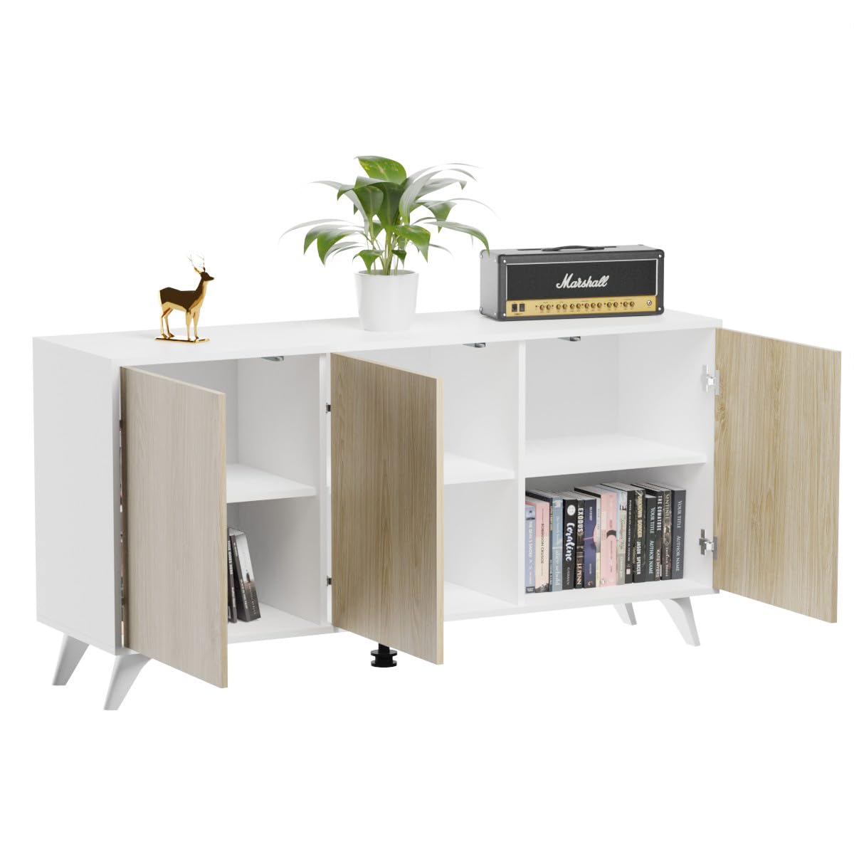 Homey - Aparador, Buffet para Salón Comedor 3 Puertas, Modelo Döburg, Color Blanco-Roble, Práctico y Funcional, Medidas: 138 cm (Ancho) x 70 cm (Alto) x 39 cm (Fondo)