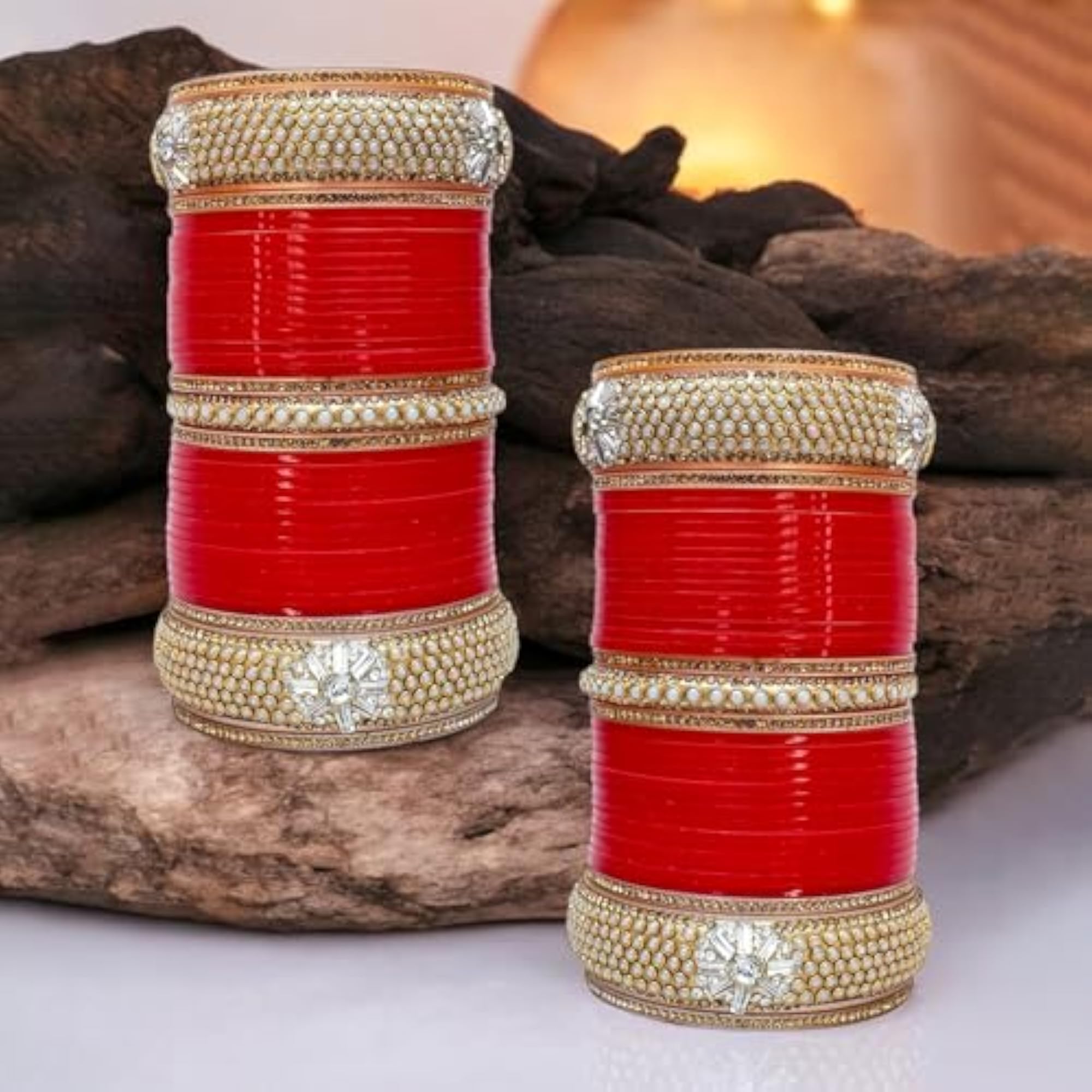 Bridal Bangle Set with Red White Pearl and Golden Stones