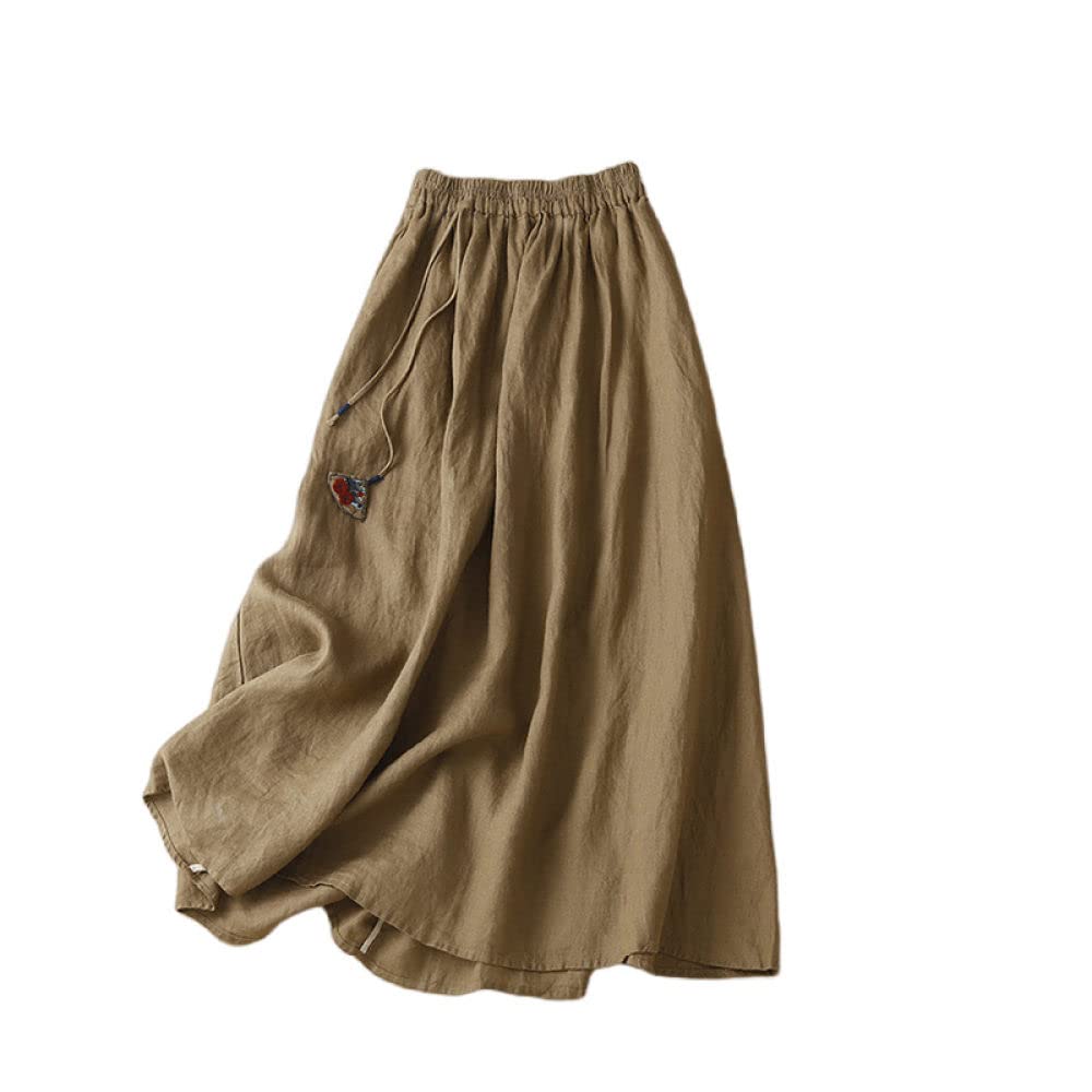 Gonne da Donna,Gonna Lunga da Donna Gonna A Pieghe in Lino retrò Elastica A Vita Alta Cachi con Tasche Gonne Lunghe Casual con Volant Increspato A-Line per Ragazze Signore,M