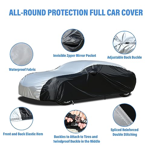 Image of Car Cover Waterproof All Weather, Coverado Outdoor Full Car Covers with Invisible Zipper Mirror Pocket, Rain Sun UV Wind Protection Car Covers for Automobiles Universal Fit for Camaro,etc (183 inch-193 inch)