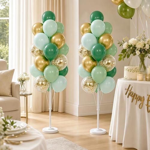 Image of Hiins Balloon Column Kit Set of 2 With Balloons Included - with Base,Pole,Balloon Tower Backdrop Decoration for Wedding, Baby Shower,Birthday Party,Bachelorette Parties (3xJade Green Gold)
