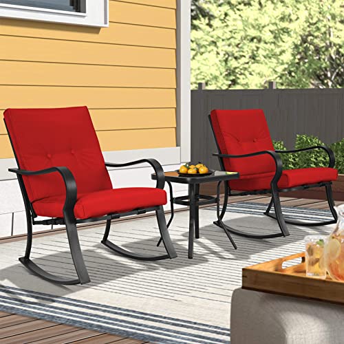 Solaura 3-Piece Outdoor Rocking Chairs Bistro Set, Black Iron Patio Furniture With Red Thickened Cushion & Glass-Top Coffee Table #TOP5