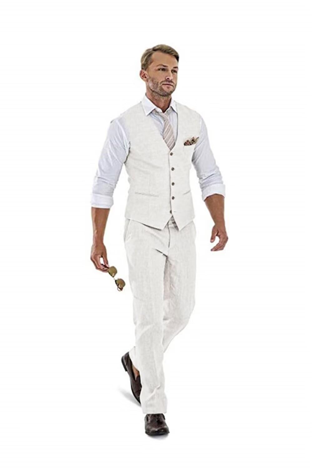 Casual Linen Beige Men's 2 Piece Suits Wedding Suits Slim Fit Groomsmen Tuxedos Summer Linen Vest Pant-image-15