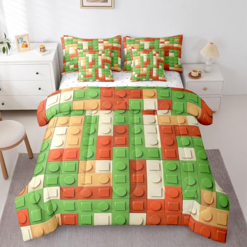 Image of Feelyou Building Block Print 7 Piece Bedding Set Full Size Kids Brick Styles Comforter Set with Sheets for Boys Teens Colorful Gaming Bed in a Bag Green Red Yellow Room Decor