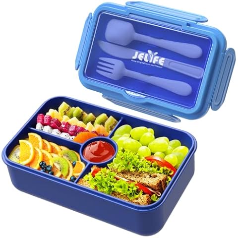 Jelife Bento Lunch Box for Kids - Leakproof Large Bento-Style with 4 Compartments Portions Lunchbox with Tableware Back to School, Reusable On-the-Go Meal and Snack Packing, Blue Cover